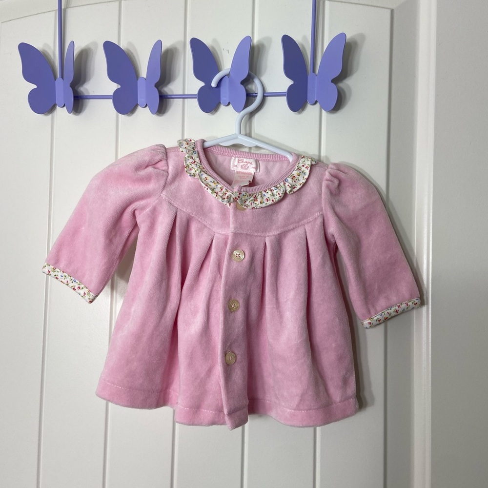 NWOT Vintage CHAPS baby girl’s pink fleece floral trim button up top newborn